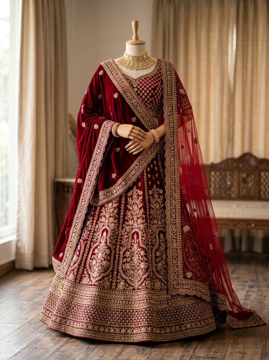 Royal Velvet Crimson Bridal Lehenga
