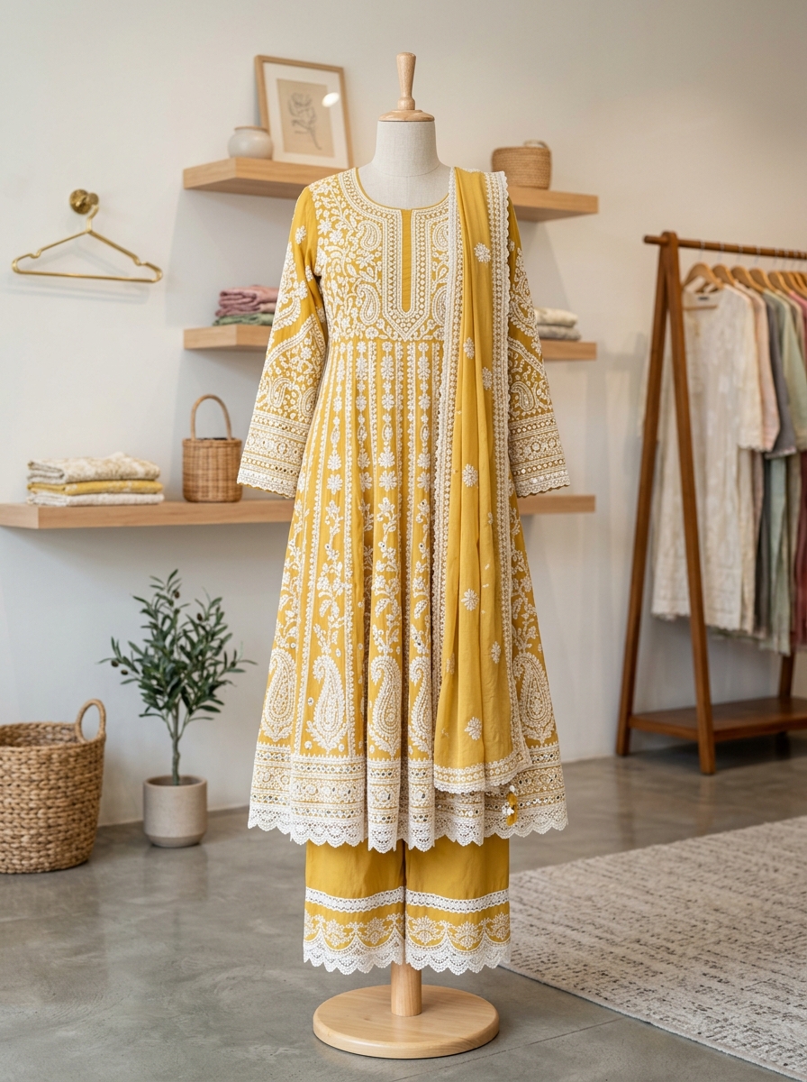 Mustard Lucknowi Chikankari Anarkali