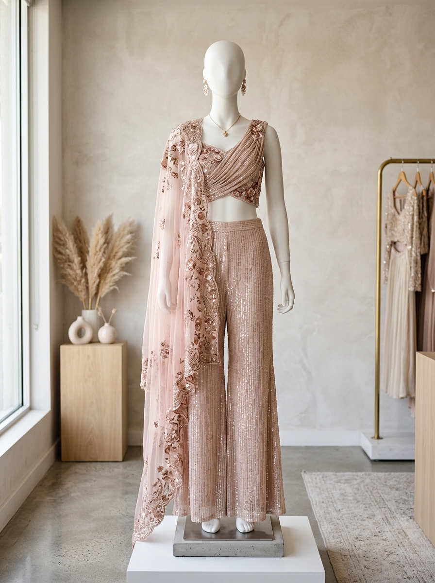 Blush Champagne Sequin Drape Palazzo Set